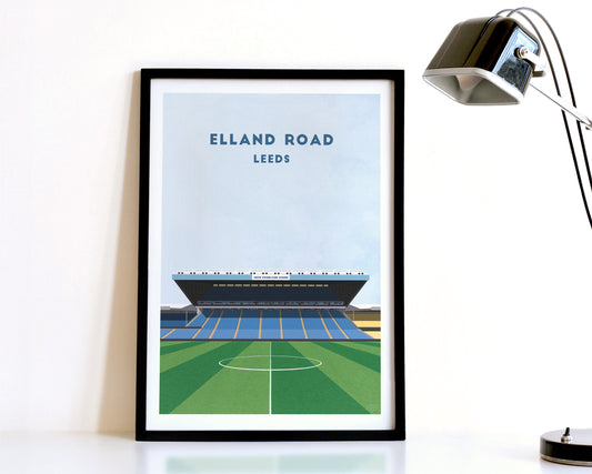 A modern style Leeds United Print, featuring a contemporary illustration of their home stadium the Elland Road in Leeds, displayed within a black frame.