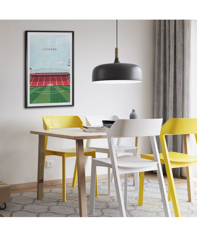 Framed illustration print of The Kop in Liverpool, home to Liverpool, showcasing a minimalist design with vibrant red stands, green football pitch, under a blue sky.