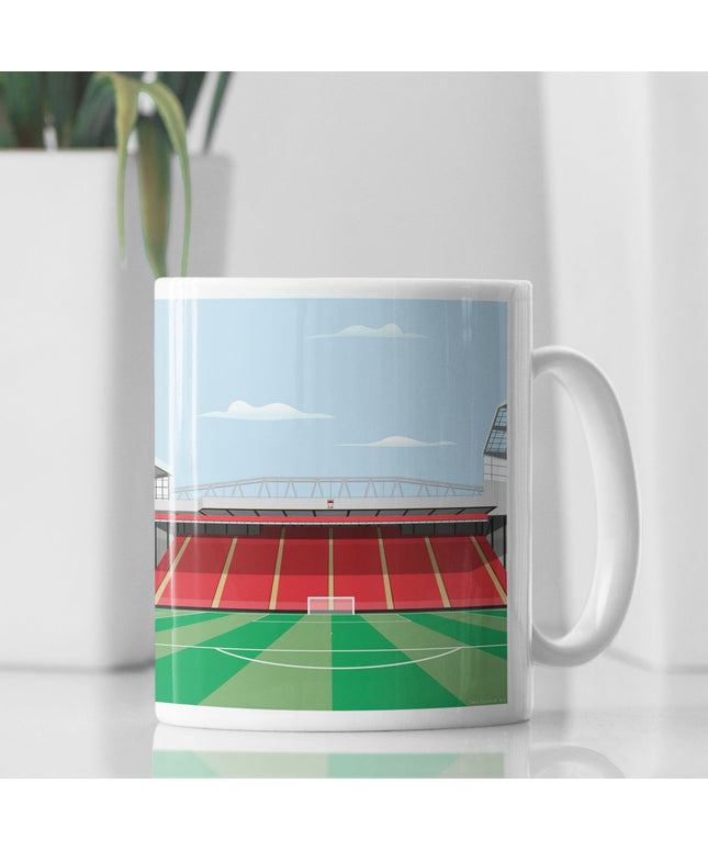 White Ceramic Mug with contemporary illustration of The Kop at Anfield in Liverpool, home to Liverpool, showcasing a minimalist design with vibrant Red stands, green football pitch, under a blue sky.