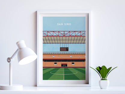 A contemporary style illustration of AC and Inter Milan's football stadium, the San Siro, displayed as an art print within a white frame in a minimalist home office setting. 