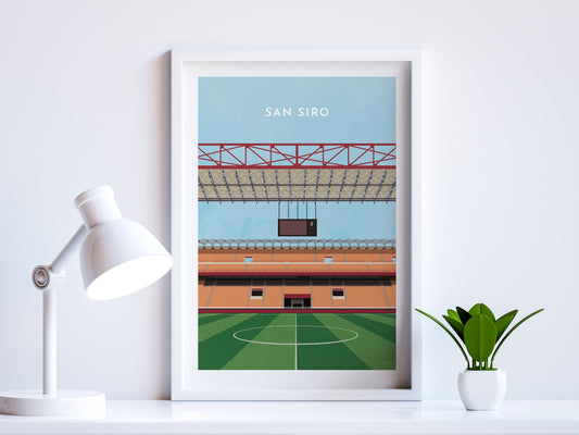 A contemporary style illustration of AC and Inter Milan's football stadium, the San Siro, displayed as an art print within a white frame in a minimalist home office setting. 