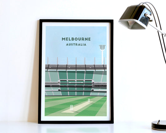 A modern style Australia Cricket Poster, featuring a contemporary illustration of their home stadium the Cricket Ground in Melbourne, displayed within a black frame.