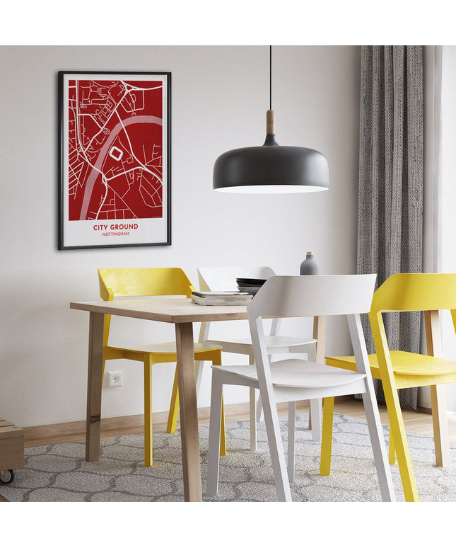 A framed map print, featuring a contemporary style illustration of the City Ground, home to Nottingham.