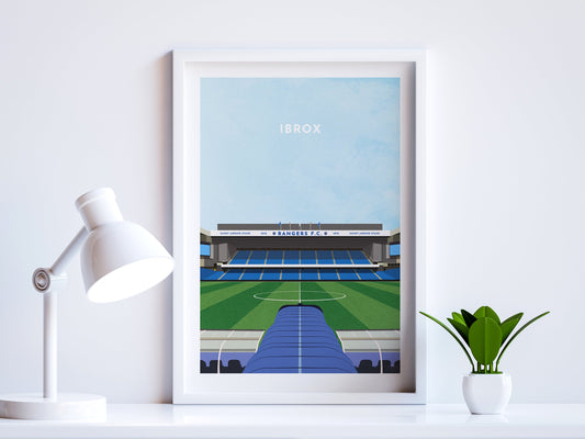 A contemporary style illustration of Rangers football stadium, Ibrox, displayed as an art print within a white frame in a minimalist home office setting. 