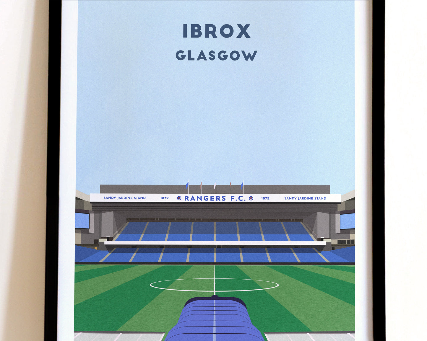 A modern style Rangers Print, featuring a contemporary illustration of their home stadium the Ibrox in Glasgow, displayed within a black frame.
