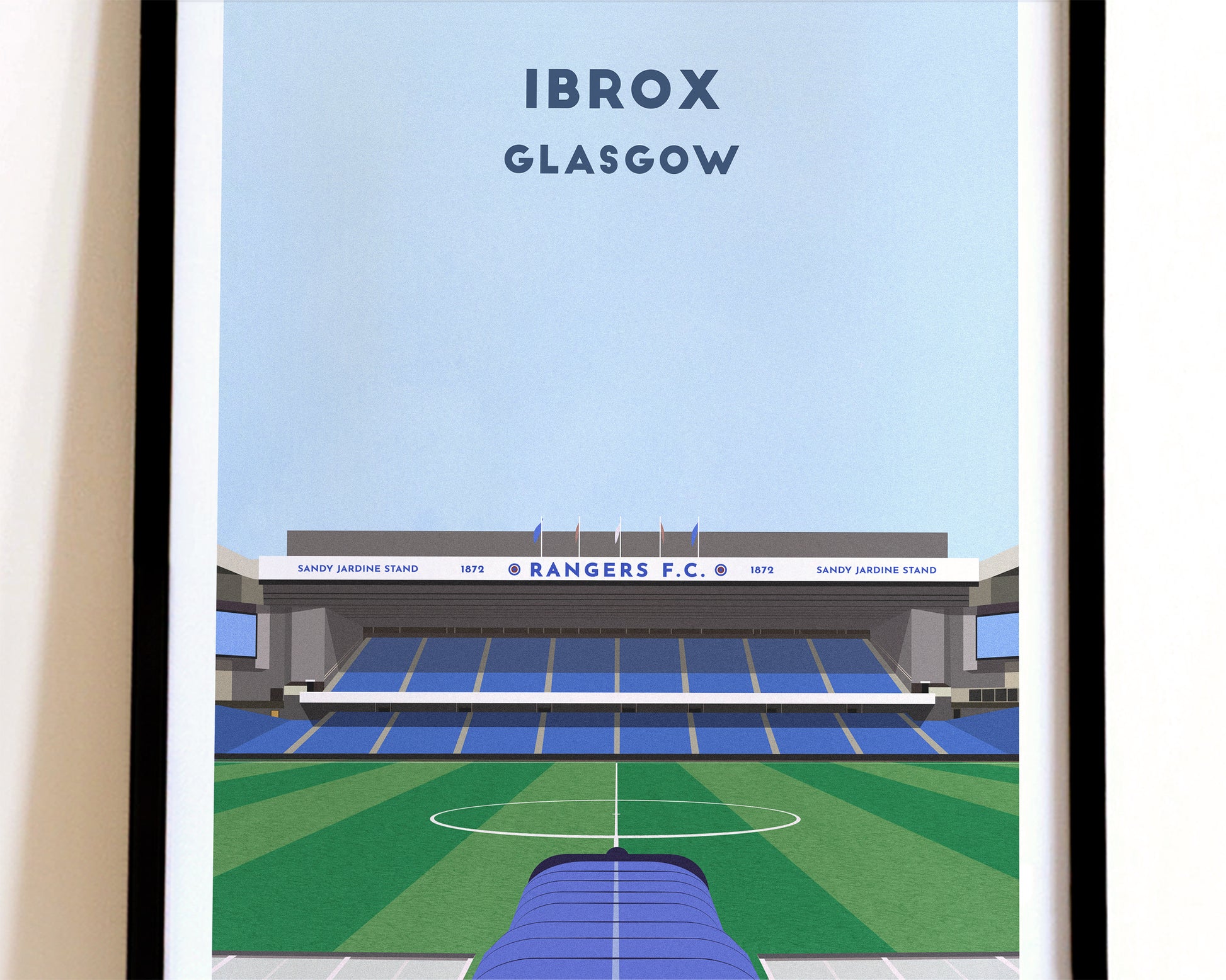 A modern style Rangers Print, featuring a contemporary illustration of their home stadium the Ibrox in Glasgow, displayed within a black frame.