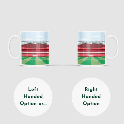 A graphic to show that when placing an order, you can select the mug to be made for a Left-Handed User or a Right-Handed User, so that the stadium illustration is always facing the user. 