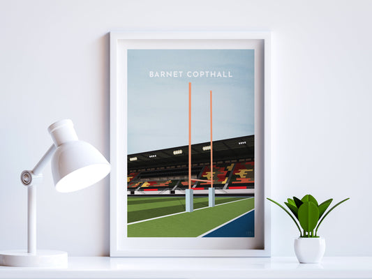 A contemporary style illustration of Saracens' Rugby stadium, the StoneX Stadium / Barnet Copthall, displayed as an art print within a white frame in a minimalist home office setting. 