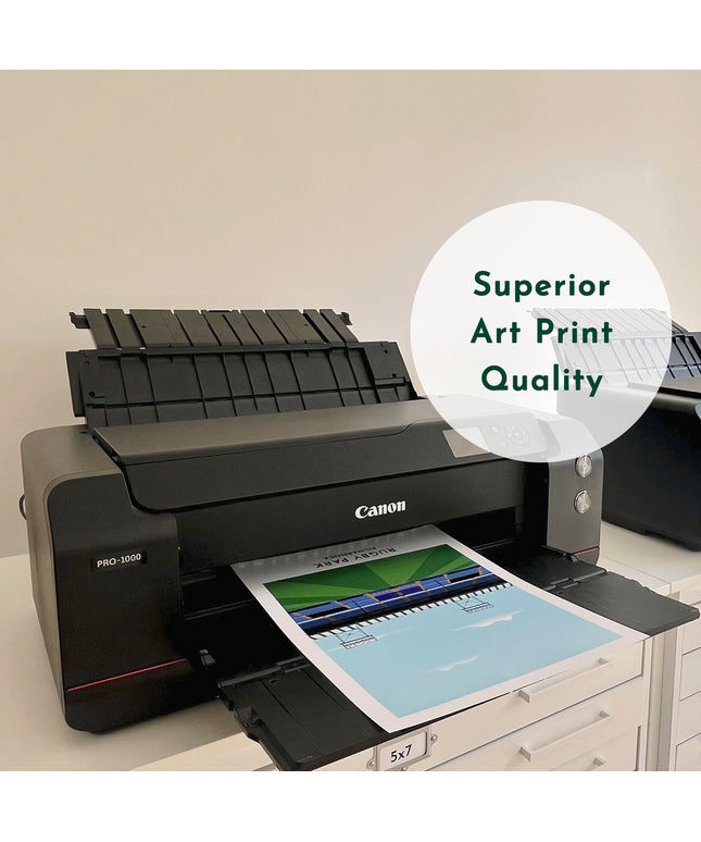 Photo of the Canon professional printers used in Turf Football Art studio to create the prints. Text overlay reads: Superior Art Print Quality