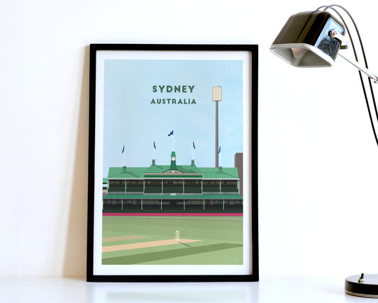 A modern style Sydney Australia Cricket Poster, featuring a contemporary illustration of their home stadium the SCG Sydney Cricket Ground in Australia, displayed within a black frame.