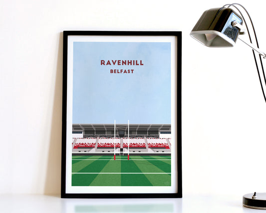 A modern style Ulster Rugby Print, featuring a contemporary illustration of their home stadium the Ravenhill in Belfast, displayed within a black frame.