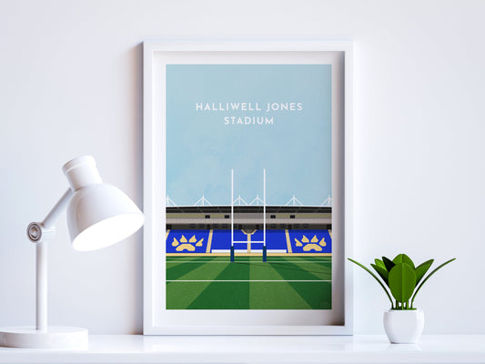 A contemporary style illustration of Warrington's Rugby stadium, the Halliwell Jones Stadium, displayed as an art print within a white frame in a minimalist home office setting. 