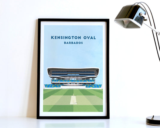 A modern style West Indies  Print, featuring a contemporary illustration of their home stadium the Kensington Oval in Barbados, displayed within a black frame.