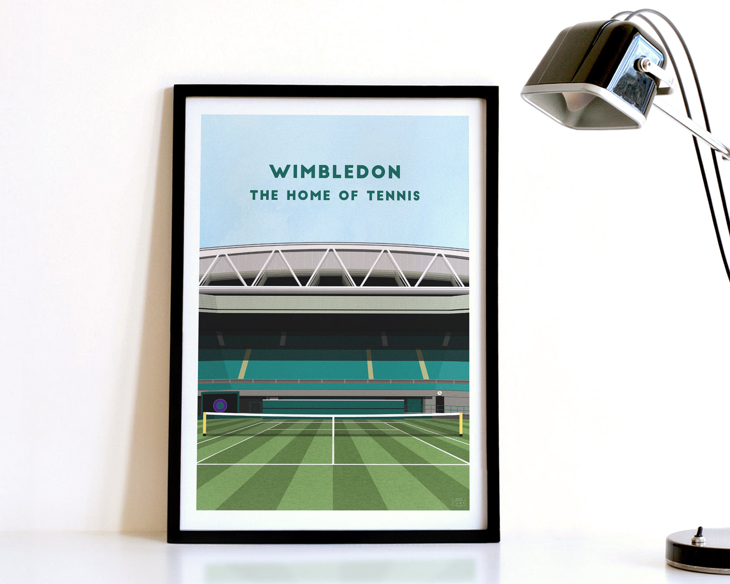 A modern style Wimbledon Print, featuring a contemporary illustration of Centre Court, displayed within a black frame.