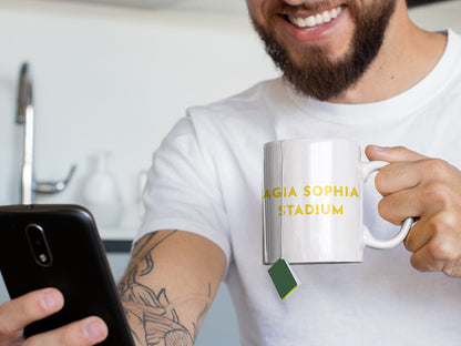 AEK Athens Mug featuring Stadium Illustration, Agia Sophia Stadium Art, Left or Right Handed Mug, Football Memento Gift for Greek Fans - Turf Football Art