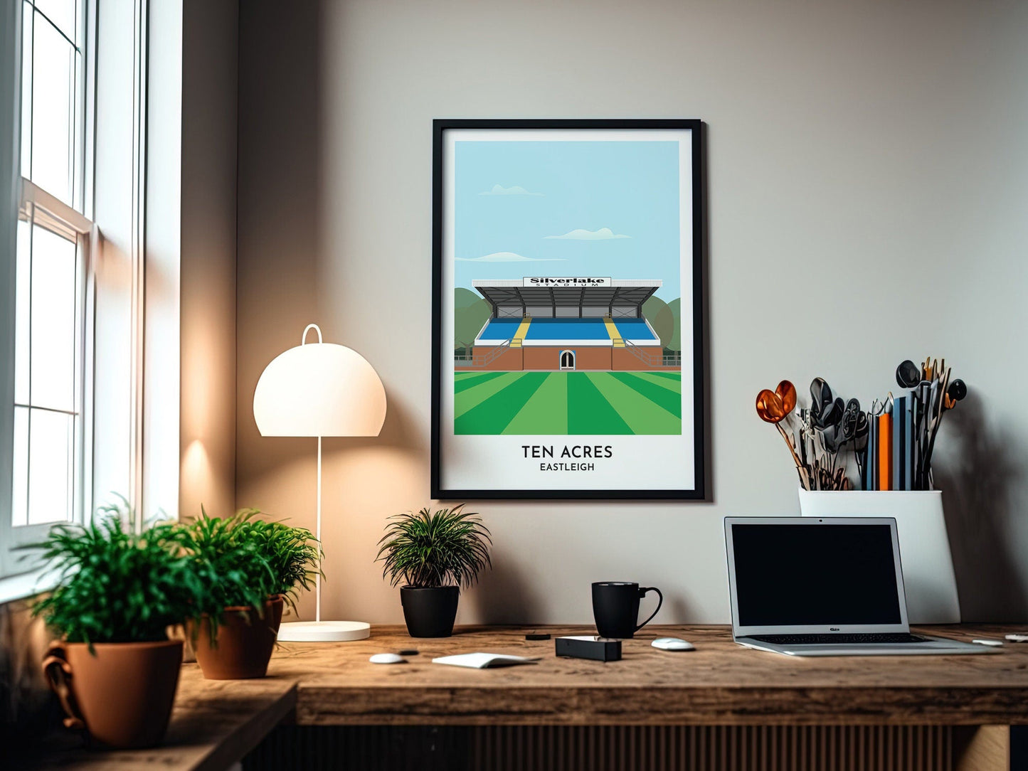 Eastleigh Football Stadium Poster, Illustration of Ten Acres / Silverlake Stadium, Football Fan Presents for Her or Him - Turf Football Art