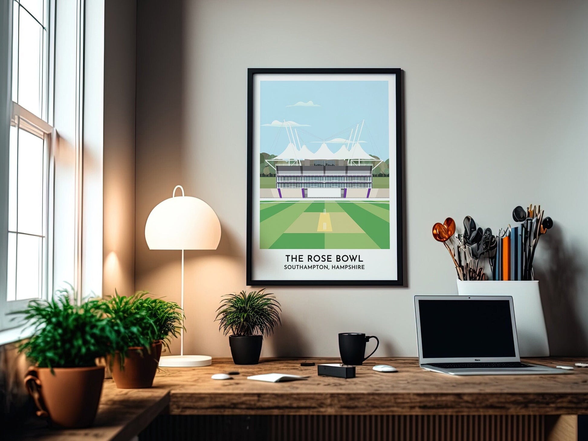Hampshire Cricket Minimalist Artwork, The Rose Bowl Gift Framed or Unframed Print for Cricket Fan, Southampton England - Turf Football Art