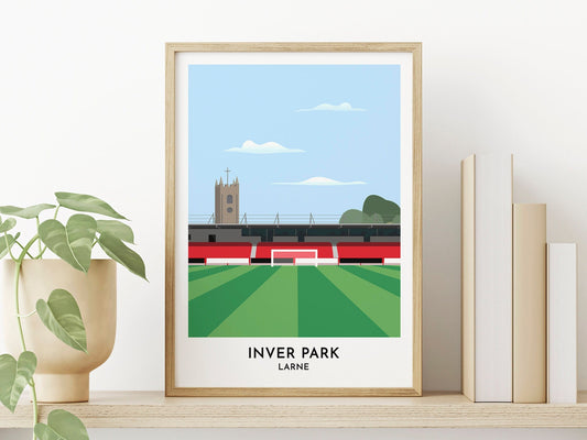 Larne FC Artwork, Inver Park Stadium Minimalist Print Design, Illustrated Poster of Football Ground, Northern Ireland Soccer - Turf Football Art