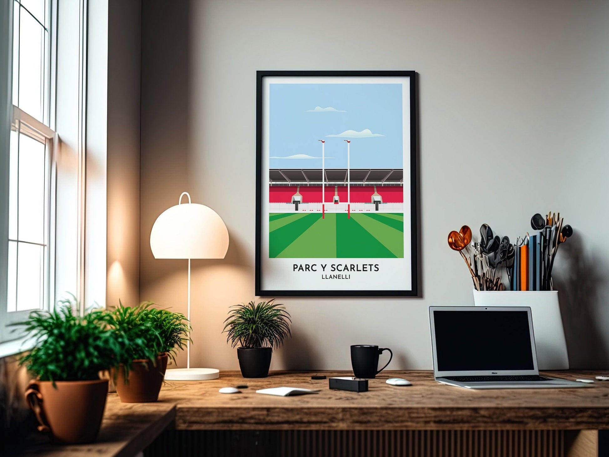 Llanelli RFC, Parc Y Scarlets Illustrated Art Poster, Welsh Gifts for Rugby Fan, Contemporary Print Gift for Men, Gift for Her - Turf Football Art
