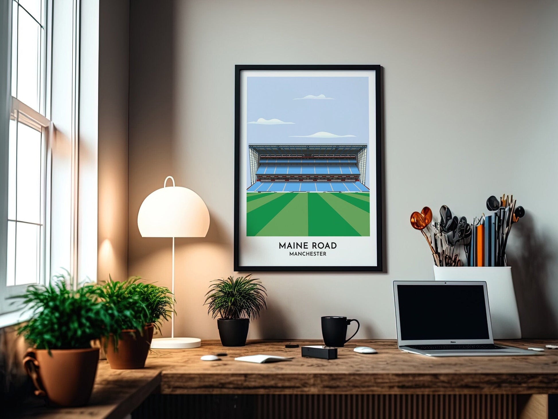 Man City Art Gift - Maine Road Stadium Illustrated Poster - 30th birthday gift for him - Framed Art Print - Turf Football Art