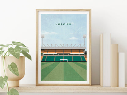 Norwich Football Print Gift, Carrow Road Illustration Heritage Style, Home Interior Office Decor Gift For Him Her - Turf Football Art