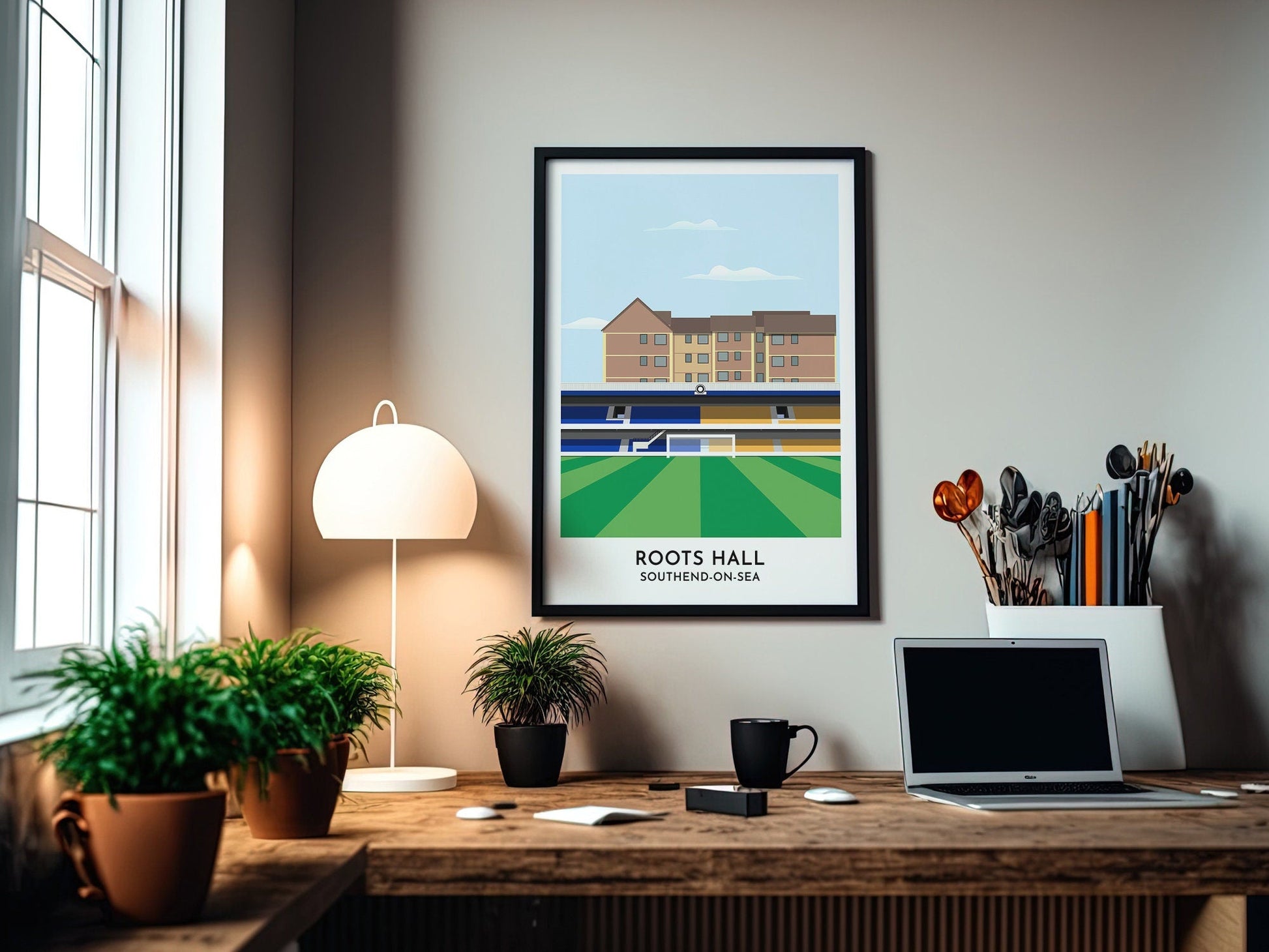 Southend United Print of Roots Hall Stadium Illustration, Best Gifts for Her and Him Fans of Football, Personalised Text Print - Turf Football Art